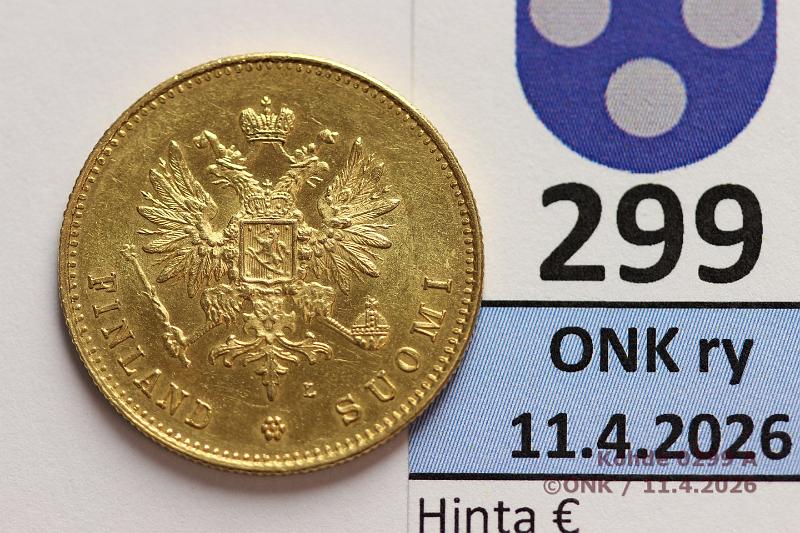 k-0299-a.jpg - Kohde 299 (kuva 1/2), l�ht�hinta: 550 &euro; / myyntihinta: 800 &euro; 20 mk 1891 Au, hnja, kunto: 9