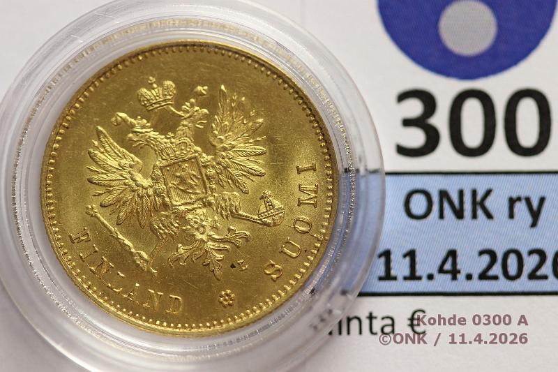 k-0300-a.jpg - Kohde 300 (kuva 1/2), l�ht�hinta: 550 &euro; / myyntihinta: 900 &euro; 20 mk 1891 Au, hnja, kaps, kunto: 9