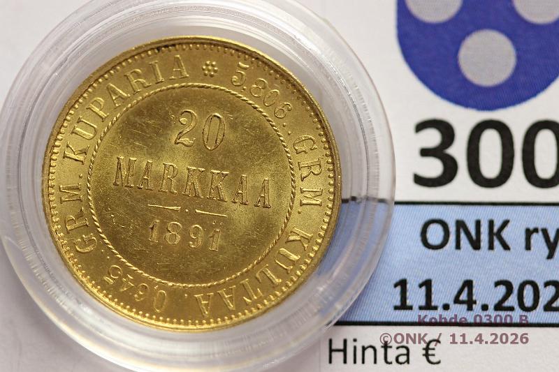 k-0300-b.jpg - Kohde 300 (kuva 2/2), l�ht�hinta: 550 &euro; / myyntihinta: 900 &euro; 20 mk 1891 Au, hnja, kaps, kunto: 9