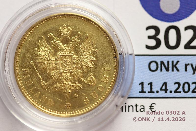 k-0302-a.jpg - Kohde 302 (kuva 1/2), l�ht�hinta: 400 &euro; / myyntihinta: 760 &euro; 20 mk 1904 Au, hnja, kaps, kunto: 9/8