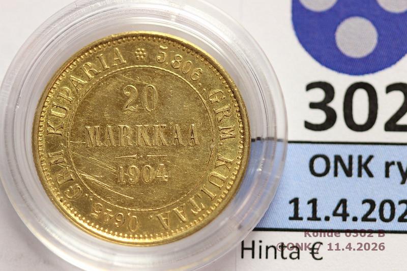 k-0302-b.jpg - Kohde 302 (kuva 2/2), l�ht�hinta: 400 &euro; / myyntihinta: 760 &euro; 20 mk 1904 Au, hnja, kaps, kunto: 9/8