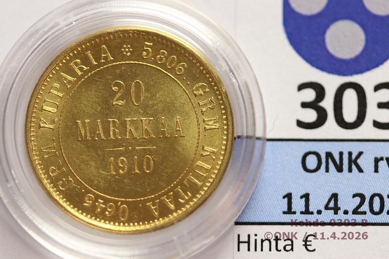 k-0303-b.jpg - Kohde 303 (kuva 2/2), l�ht�hinta: 400 &euro; / myyntihinta: 795 &euro; 20 mk 1910 Au, hnja, kaps, kunto: 9