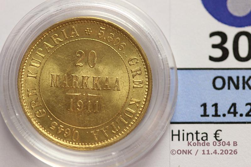 k-0304-b.jpg - Kohde 304 (kuva 2/2), l�ht�hinta: 400 &euro; / myyntihinta: 825 &euro; 20 mk 1911 Au, hnja, kaps, kunto: 9