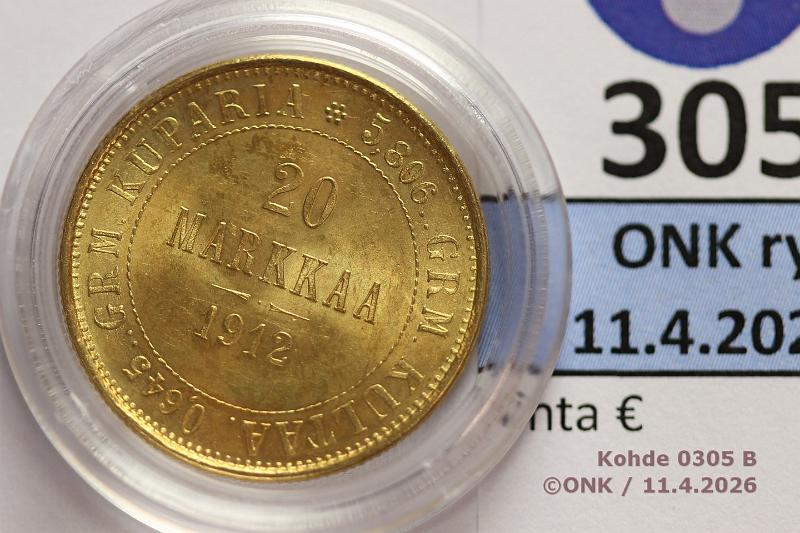 k-0305-b.jpg - Kohde 305 (kuva 2/2), l�ht�hinta: 400 &euro; / myyntihinta: 840 &euro; 20 mk 1912 S Au, hnja, kaps, kunto: 9