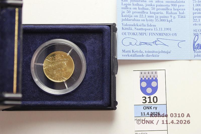 k-0310-a.jpg - Kohde 310 (kuva 1/2), l�ht�hinta: 600 &euro; / myyntihinta: 1050 &euro; 1000 mk 1992 Au, Proof, 9,0g/900, Itsen�isyys 75v, kotelo, tod, kunto: 10