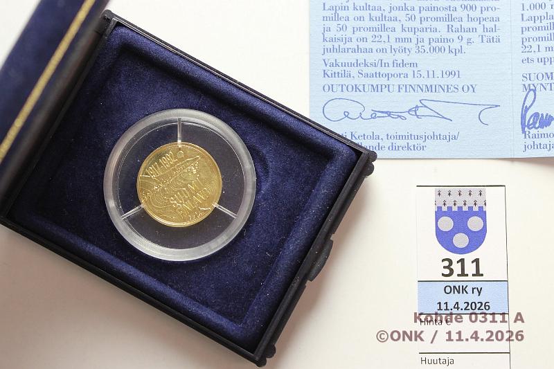 k-0311-a.jpg - Kohde 311 (kuva 1/2), l�ht�hinta: 600 &euro; / myyntihinta: 1000 &euro; 1000 mk 1992 Au, Proof, 9,0g/900, Itsen�isyys 75v, kotelo, tod, kunto: 10