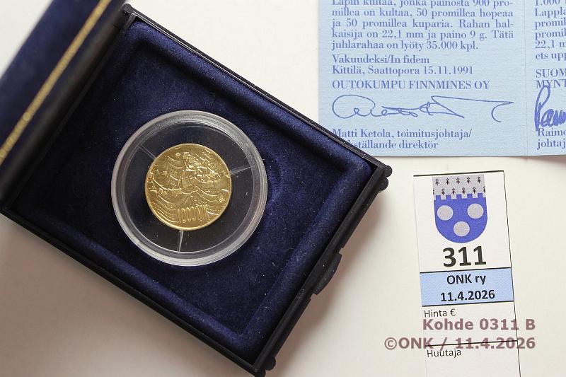k-0311-b.jpg - Kohde 311 (kuva 2/2), l�ht�hinta: 600 &euro; / myyntihinta: 1000 &euro; 1000 mk 1992 Au, Proof, 9,0g/900, Itsen�isyys 75v, kotelo, tod, kunto: 10