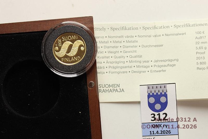 k-0312-a.jpg - Kohde 312 (kuva 1/2), l�ht�hinta: 400 &euro; / myyntihinta: 640 &euro; 100 ? 2013 Au, Proof, 5,65g/917, Valtiop�iv�t, kotelo, tod, kunto: 10