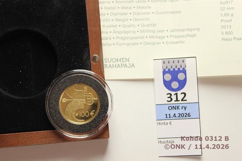 k-0312-b.jpg - Kohde 312 (kuva 2/2), l�ht�hinta: 400 &euro; / myyntihinta: 640 &euro; 100 ? 2013 Au, Proof, 5,65g/917, Valtiop�iv�t, kotelo, tod, kunto: 10