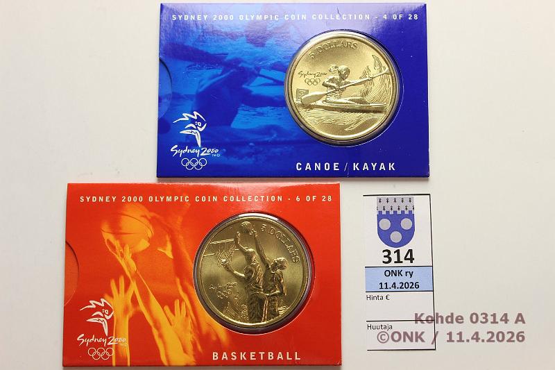k-0314-a.jpg - Kohde 314 (kuva 1/2), l�ht�hinta: 8 &euro; / myyntihinta: 8 &euro; Australia 5 $ 2000 KM#377, 407 AlBr, Sydney, Canoe & Basketball, kunto: 9