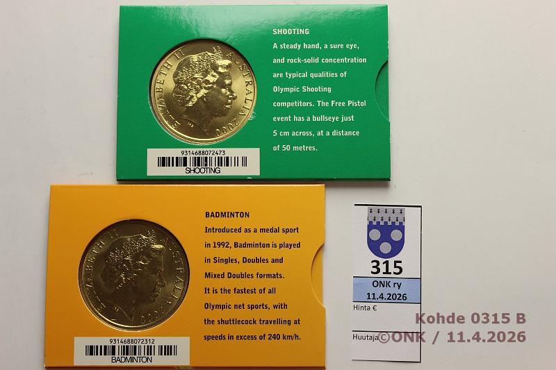 k-0315-b.jpg - Kohde 315 (kuva 2/2), l�ht�hinta: 8 &euro; / myyntihinta: 8 &euro; Australia 5 $ 2000 KM#418, 421 AlBr, Sydney, Shooting & Badminton, kunto: 9