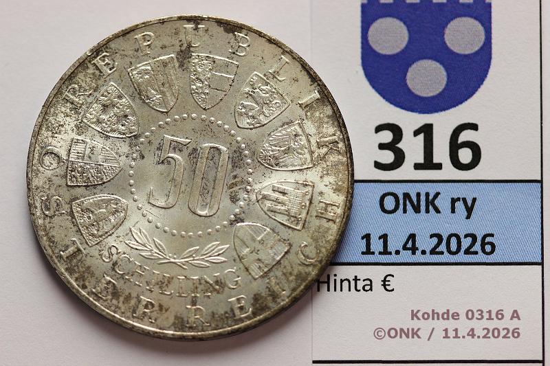 k-0316-a.jpg - Kohde 316 (kuva 1/2), l�ht�hinta: 15 &euro; / myyntihinta: 21 &euro; It�valta 50 sch 1964 KM#2927 Ag, 20g/900, Innsbruck, patinaa, kunto: 9