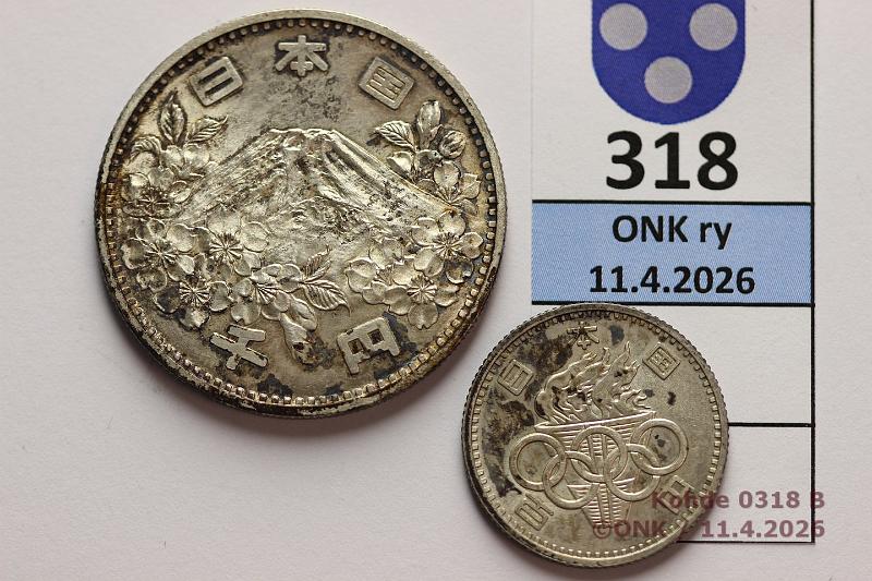 k-0318-b.jpg - Kohde 318 (kuva 2/2), l�ht�hinta: 30 &euro; / ei tarjouksia Japani 100 + 1000 � 39 (1964) Y#79, 80 Ag, 4,8g/600 + 20g/900, Tokio, patinaa, kunto: 8, 9