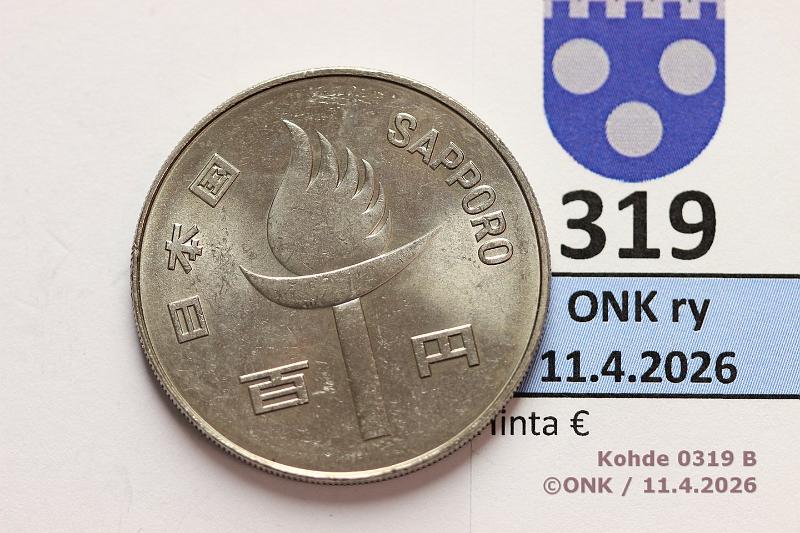 k-0319-b.jpg - Kohde 319 (kuva 2/2), l�ht�hinta: 3 &euro; / myyntihinta: 3 &euro; Japani 100 � 47 (1972) Y#84 CuNi, Sapporo, kunto: 7