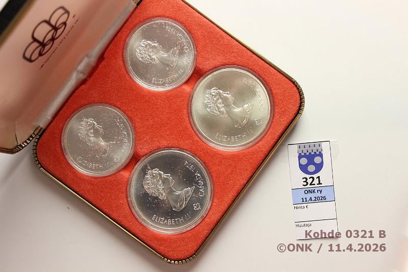 k-0321-b.jpg - Kohde 321 (kuva 2/2), l�ht�hinta: 150 &euro; / myyntihinta: 210 &euro; Kanada 5 + 10 $ 1974 KM#89, 90, 93, 94 Ag, 145,8g/925, Montreal 1976:  5$  Olympic Rings and Wreath + Athlete with Torch;  10$  Head of Zeus + Temple of Zeus. Kapselit, hieno laatikko, kunto: 9