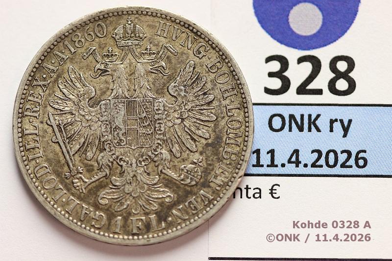 k-0328-a.jpg - Kohde 328 (kuva 1/2), l�ht�hinta: 15 &euro; / myyntihinta: 38 &euro; 1 fl 1860a KM#2219 Ag, 12,34g/900 Francis Joseph I, kunto: 6