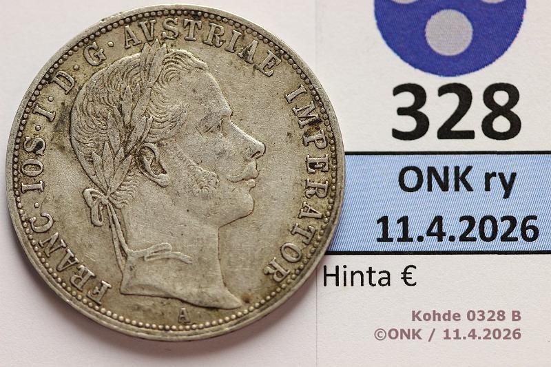 k-0328-b.jpg - Kohde 328 (kuva 2/2), l�ht�hinta: 15 &euro; / myyntihinta: 38 &euro; 1 fl 1860a KM#2219 Ag, 12,34g/900 Francis Joseph I, kunto: 6