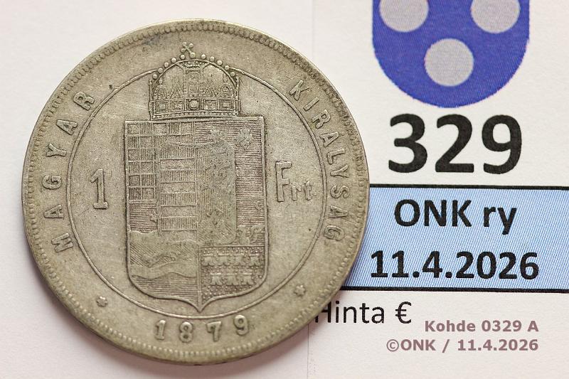 k-0329-a.jpg - Kohde 329 (kuva 1/2), l�ht�hinta: 10 &euro; / myyntihinta: 26 &euro; 1 frt 1879 KM#453 Ag, 12,34g/900 KB, Francis Joseph I, kunto: 5