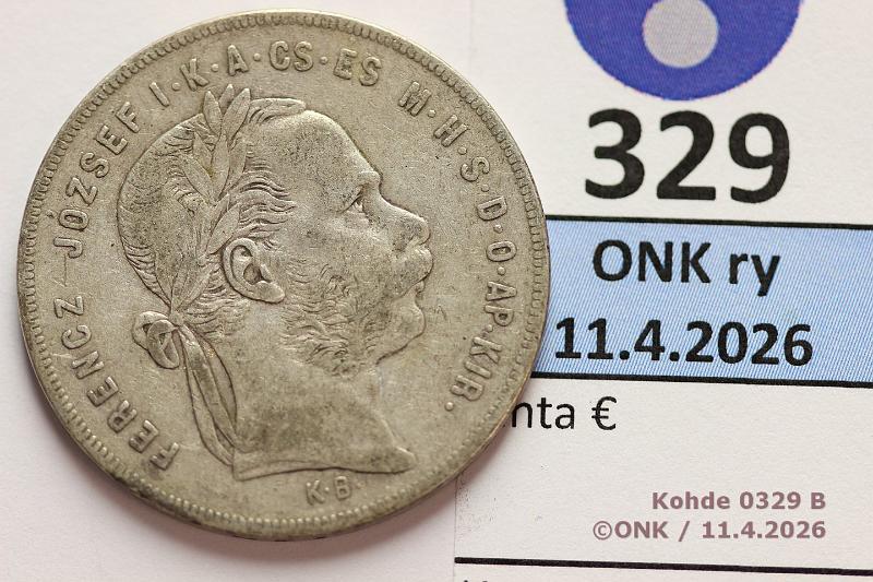 k-0329-b.jpg - Kohde 329 (kuva 2/2), l�ht�hinta: 10 &euro; / myyntihinta: 26 &euro; 1 frt 1879 KM#453 Ag, 12,34g/900 KB, Francis Joseph I, kunto: 5