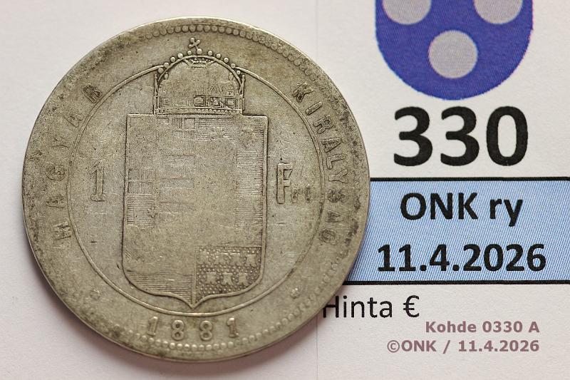 k-0330-a.jpg - Kohde 330 (kuva 1/2), l�ht�hinta: 10 &euro; / myyntihinta: 10 &euro; 1 frt 1881 KM#465 Ag, 12,34g/900 KB, Francis Joseph I, kunto: 4