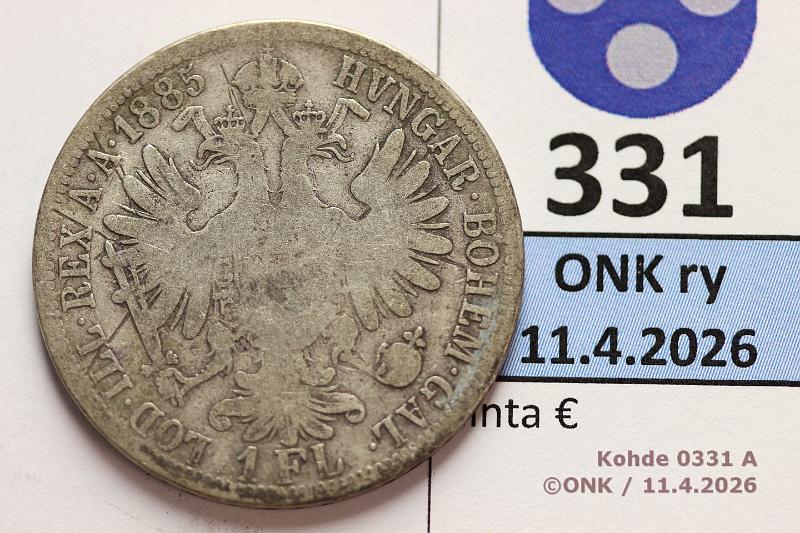 k-0331-a.jpg - Kohde 331 (kuva 1/2), l�ht�hinta: 10 &euro; / myyntihinta: 10 &euro; 1 fl 1885 KM#2222 Ag, 12,34g/900, Francis Joseph I, kunto: 3/4