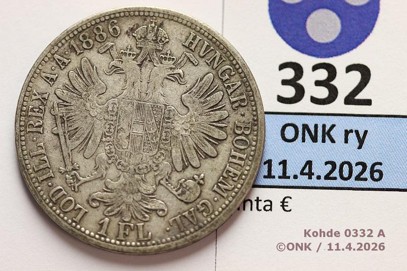 k-0332-a.jpg - Kohde 332 (kuva 1/2), l�ht�hinta: 10 &euro; / myyntihinta: 22 &euro; 1 fl 1886 KM#2222 Ag, 12,34g/900, Francis Joseph I, kunto: 4