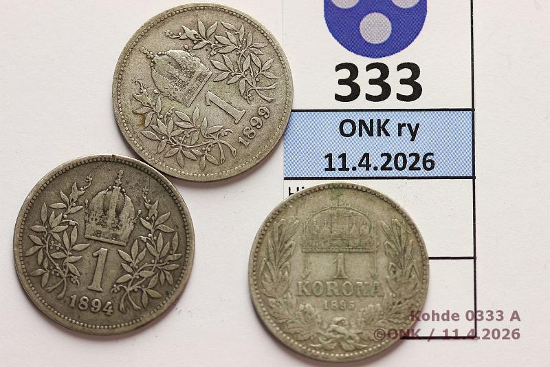 k-0333-a.jpg - Kohde 333 (kuva 1/2), l�ht�hinta: 8 &euro; / myyntihinta: 11 &euro; 1 kor (3) 1894-99 KM#2804, 484 Ag, 3 x 5g/835, It�valta -94, -99; Unkari -95 KB. Francis Joseph I., kunto: 4