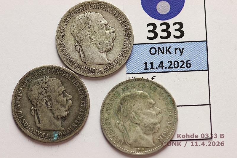 k-0333-b.jpg - Kohde 333 (kuva 2/2), l�ht�hinta: 8 &euro; / myyntihinta: 11 &euro; 1 kor (3) 1894-99 KM#2804, 484 Ag, 3 x 5g/835, It�valta -94, -99; Unkari -95 KB. Francis Joseph I., kunto: 4