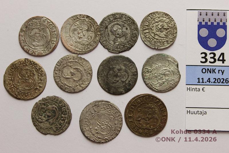 k-0334-a.jpg - Kohde 334, l�ht�hinta: 10 &euro; / myyntihinta: 13 &euro; 1 sch (11) 1587-1622 Ag, Sigismund III, kunto: 2-4