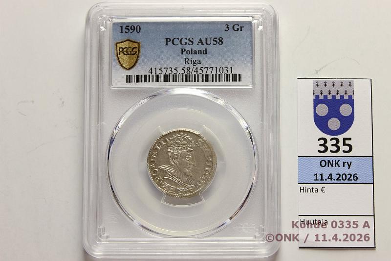 k-0335-a.jpg - Kohde 335 (kuva 1/4), l�ht�hinta: 35 &euro; / myyntihinta: 54 &euro;  3 grossus   1590 Haljak#1025   Ag, Sigismund III, PCGS-slabissa: AU 58 , kunto:  6 