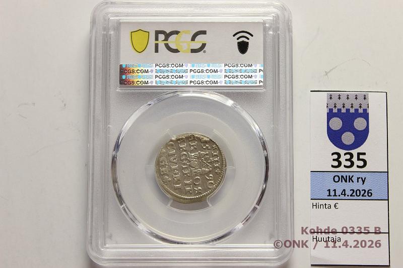 k-0335-b.jpg - Kohde 335 (kuva 2/4), l�ht�hinta: 35 &euro; / myyntihinta: 54 &euro;  3 grossus   1590 Haljak#1025   Ag, Sigismund III, PCGS-slabissa: AU 58 , kunto:  6 