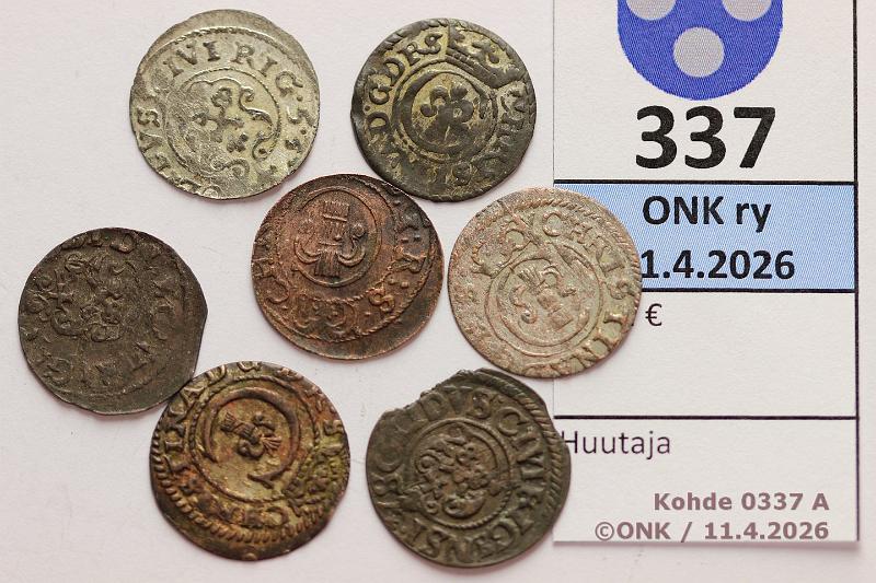 k-0337-a.jpg - Kohde 337 (kuva 1/2), l�ht�hinta: 10 &euro; / myyntihinta: 10 &euro; 1 solidus (7) 1637-54 KM#21 Ag, Christina. 163?, -39, -42, -53, -54. Kahdessa vl ei luettavissa, kunto: 3-4
