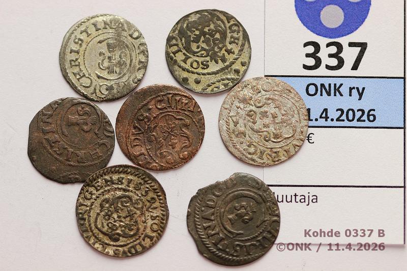 k-0337-b.jpg - Kohde 337 (kuva 2/2), l�ht�hinta: 10 &euro; / myyntihinta: 10 &euro; 1 solidus (7) 1637-54 KM#21 Ag, Christina. 163?, -39, -42, -53, -54. Kahdessa vl ei luettavissa, kunto: 3-4