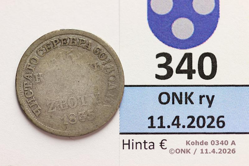 k-0340-a.jpg - Kohde 340 (kuva 1/2), l�ht�hinta: 5 &euro; / myyntihinta: 7 &euro; 1 zl / 15 kop 1835 C#129 Ag, MW, kunto: 3/2