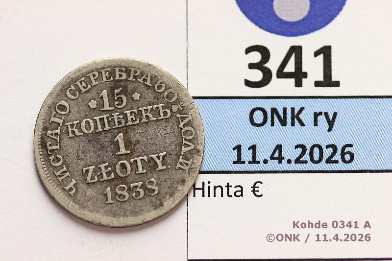 k-0341-a.jpg - Kohde 341 (kuva 1/2), l�ht�hinta: 5 &euro; / myyntihinta: 9 &euro; 1 zl / 15 kop 1838 C#129 Ag, MW, kunto: 3/4