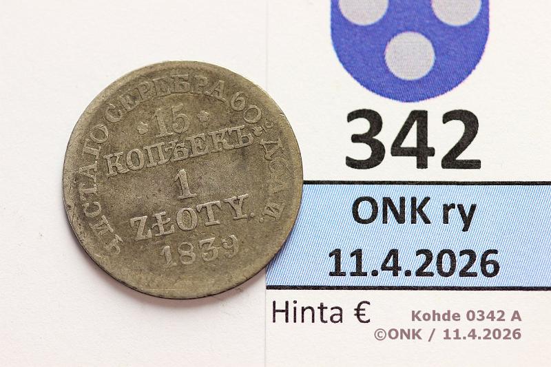 k-0342-a.jpg - Kohde 342 (kuva 1/2), l�ht�hinta: 5 &euro; / myyntihinta: 9 &euro; 1 zl / 15 kop 1839 C#129 Ag, MW, kunto: 3/4