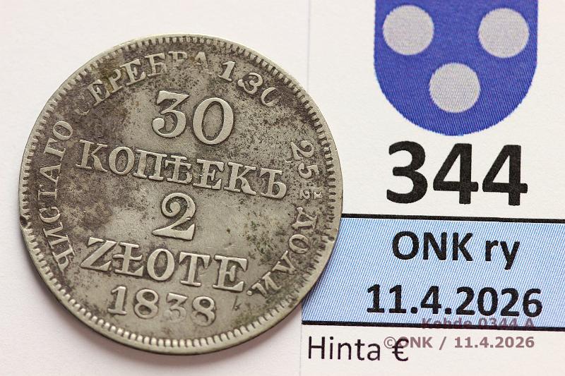 k-0344-a.jpg - Kohde 344 (kuva 1/2), l�ht�hinta: 15 &euro; / myyntihinta: 38 &euro; 2 zl / 30 kop 1838 C#132 Ag, MW , prv, kunto: 4
