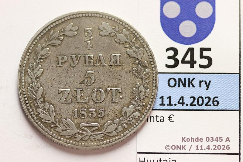 k-0345-a.jpg - Kohde 345 (kuva 1/2), l�ht�hinta: 50 &euro; / myyntihinta: 80 &euro; 5 zl / � rpl 1835 C#133 Ag, MW, kunto: 3/4