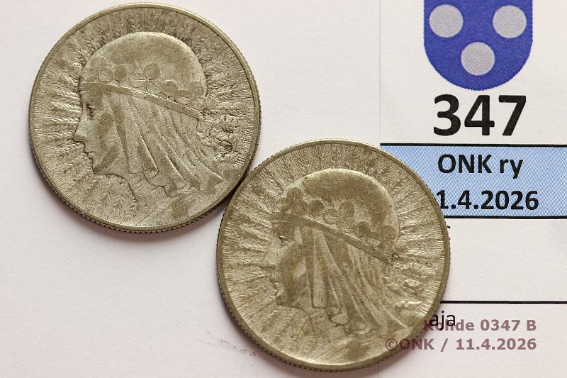 k-0347-b.jpg - Kohde 347 (kuva 2/2), l�ht�hinta: 15 &euro; / myyntihinta: 24 &euro; 5 zl 1932, -33 Y#21 Ag, 2x11g/750, Polonia, -32 b.z, -33 MW, kunto: 5