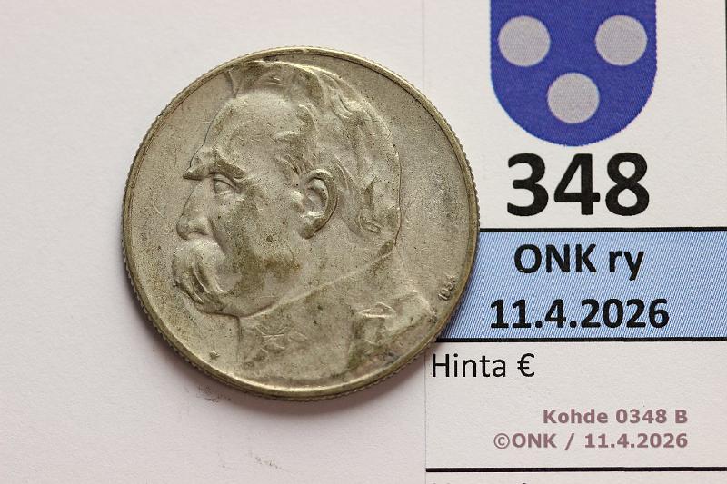 k-0348-b.jpg - Kohde 348 (kuva 2/2), l�ht�hinta: 10 &euro; / myyntihinta: 36 &euro; 5 zl 1934 Y#28 Ag, 11g/750, J�zef Pi?sudski, kunto: 7