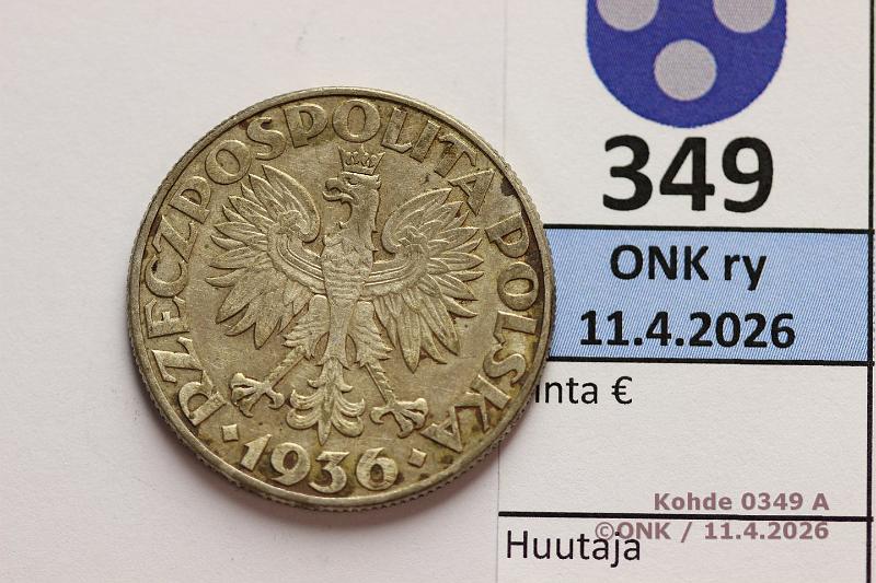 k-0349-a.jpg - Kohde 349 (kuva 1/2), l�ht�hinta: 20 &euro; / myyntihinta: 56 &euro; 5 zl 1936 Y#31 Ag, 11g/750, Gdynia Seaport,  patinaa, likaa , kunto: 8