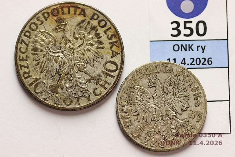 k-0350-a.jpg - Kohde 350 (kuva 1/2), l�ht�hinta: 15 &euro; / myyntihinta: 15 &euro; 5 + 10 zl 1933, -32 Y#21, 22 Ag, 11+22g/750, Polonia, MW, kunto: 5