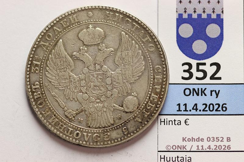 k-0352-b.jpg - Kohde 352 (kuva 2/2), l�ht�hinta: 125 &euro; / myyntihinta: 180 &euro; 10 zl / 1� rpl 1836 C#134 Ag, MW (Warzawa), likaa, kunto: 4