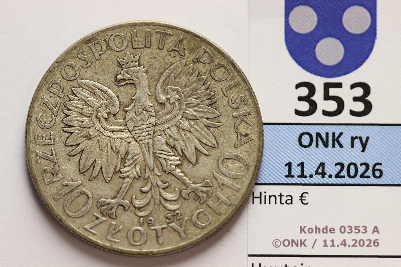 k-0353-a.jpg - Kohde 353 (kuva 1/2), l�ht�hinta: 10 &euro; / myyntihinta: 26 &euro; 10 zl 1932 Y#22 Ag, 22g/750, MW, Polonia, kunto: 5