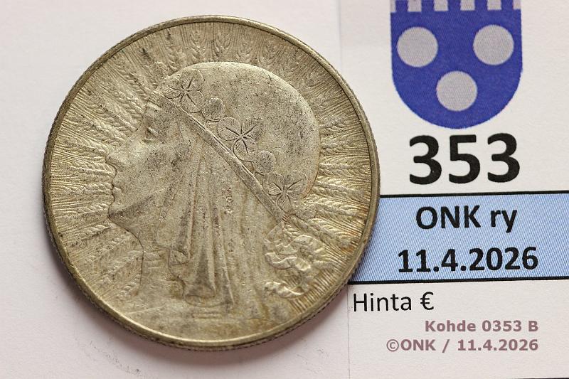 k-0353-b.jpg - Kohde 353 (kuva 2/2), l�ht�hinta: 10 &euro; / myyntihinta: 26 &euro; 10 zl 1932 Y#22 Ag, 22g/750, MW, Polonia, kunto: 5