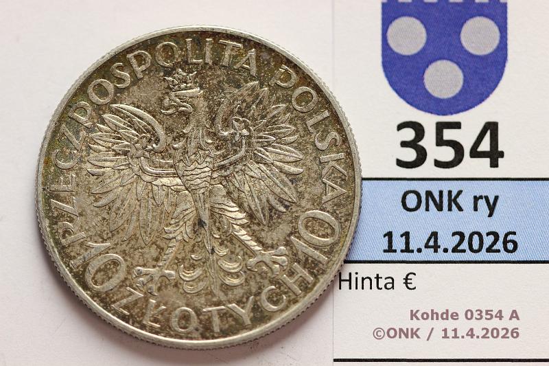 k-0354-a.jpg - Kohde 354 (kuva 1/2), l�ht�hinta: 20 &euro; / myyntihinta: 120 &euro; 10 zl 1933 Y#24 Ag, 22g/750, Romuald Traugutt,  patinaa , kunto: 8