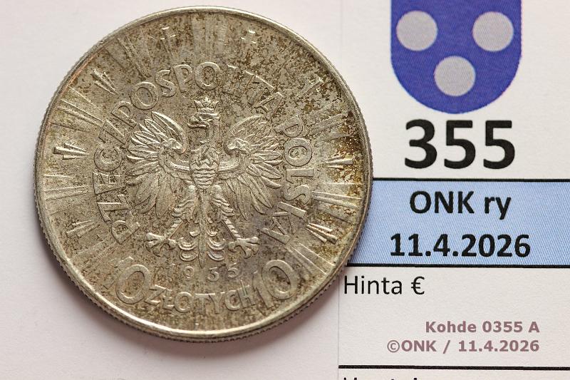 k-0355-a.jpg - Kohde 355 (kuva 1/2), l�ht�hinta: 15 &euro; / myyntihinta: 52 &euro; 10 zl 1935 Y#29 Ag, 22g/750, J�zef Pi?sudski,  patinaa , kunto: 8