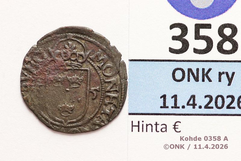 k-0358-a.jpg - Kohde 358 (kuva 1/2), l�ht�hinta: 20 &euro; / myyntihinta: 20 &euro;  1 fyrk   1585 SM#112   Ag, Juhana III, typ III, prvja , kunto:  3/4 
