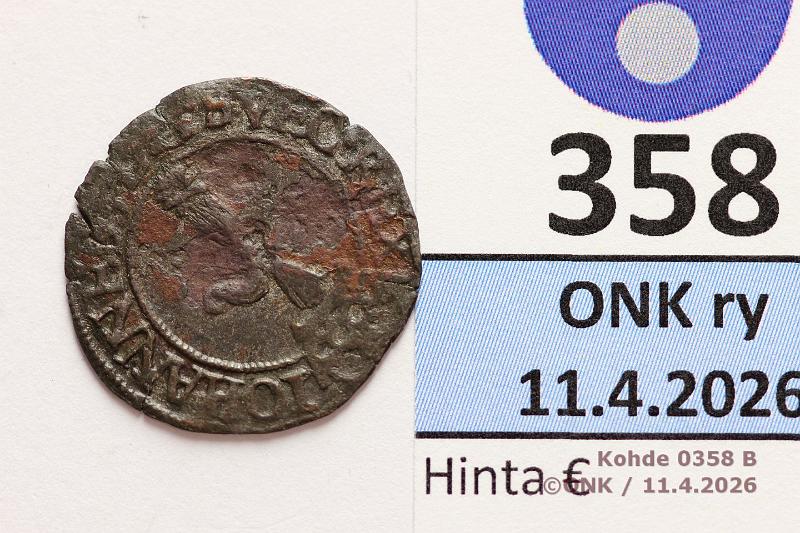 k-0358-b.jpg - Kohde 358 (kuva 2/2), l�ht�hinta: 20 &euro; / myyntihinta: 20 &euro;  1 fyrk   1585 SM#112   Ag, Juhana III, typ III, prvja , kunto:  3/4 