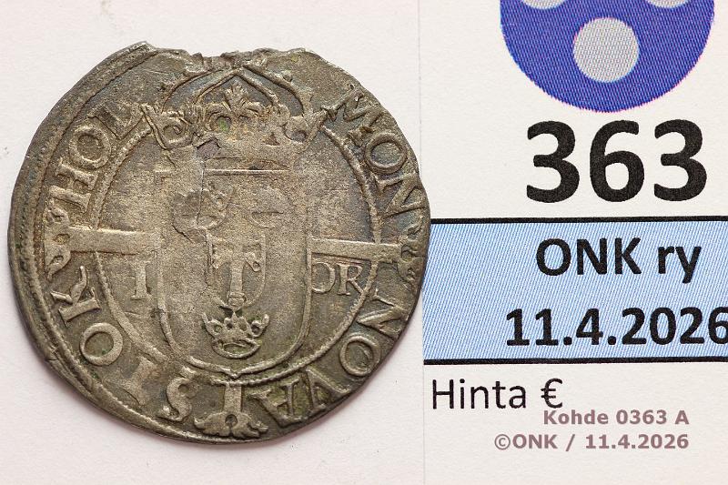 k-0363-a.jpg - Kohde 363 (kuva 1/2), l�ht�hinta: 50 &euro; / ei tarjouksia 1 �r 1575 SM#71 Ag, Juhana III, typ II, reunassa lohkeama, kunto: 3/4